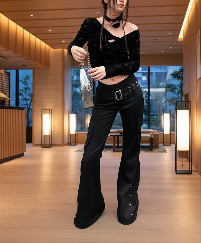 Vintage Neo-Gothic Flared Pants with Belt