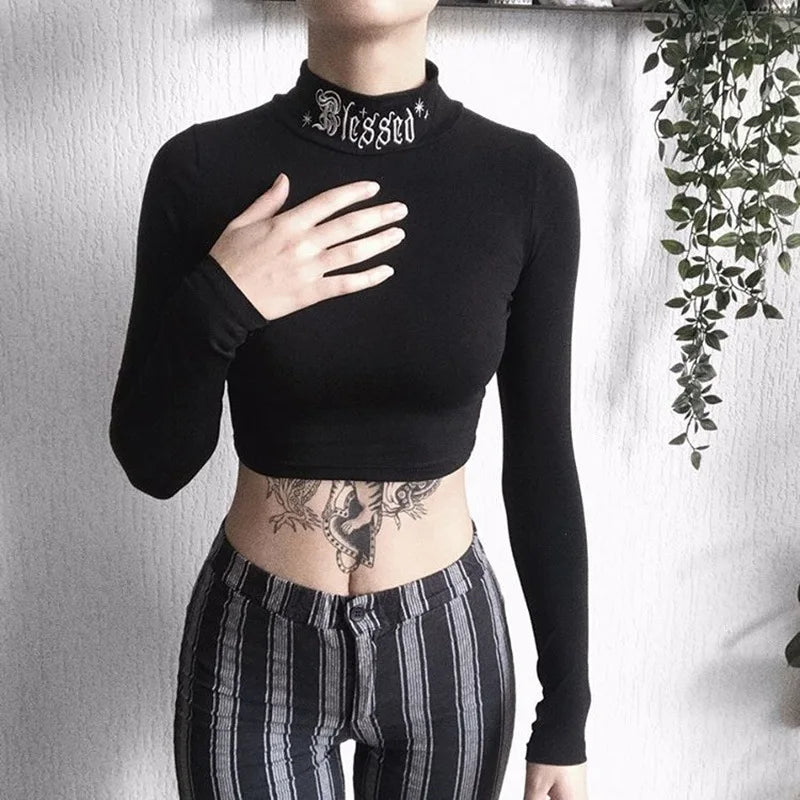 Gothic Printed Neck Long Sleeve Crop Top