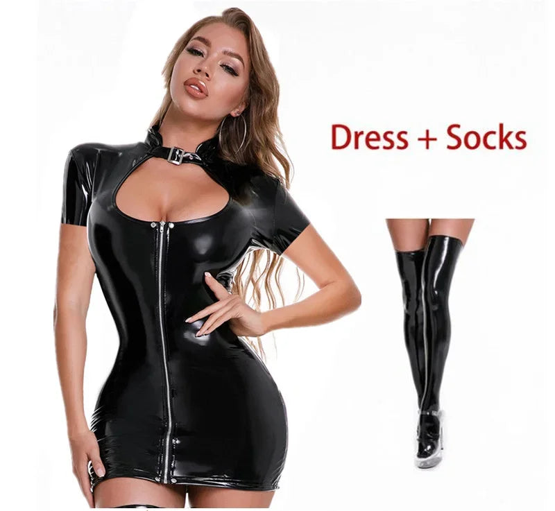 Women PVC Leather Bodycon Crotch Dress