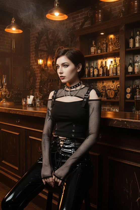 Neo Gothic Punk Fishnet Splice Crop Top