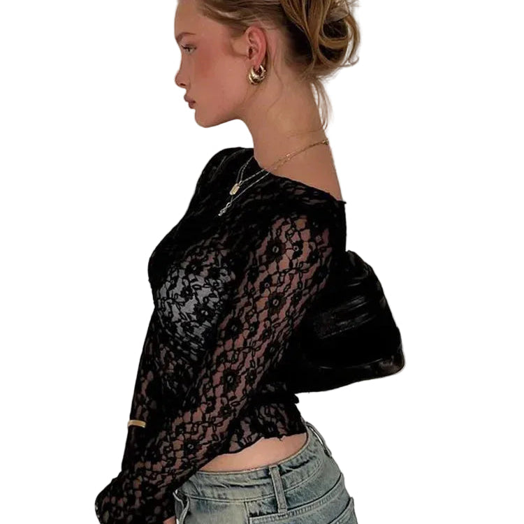 Gothic Neo-Gothic Punk Vintage Vintage` Lace Shirt Long Sleeve See Through