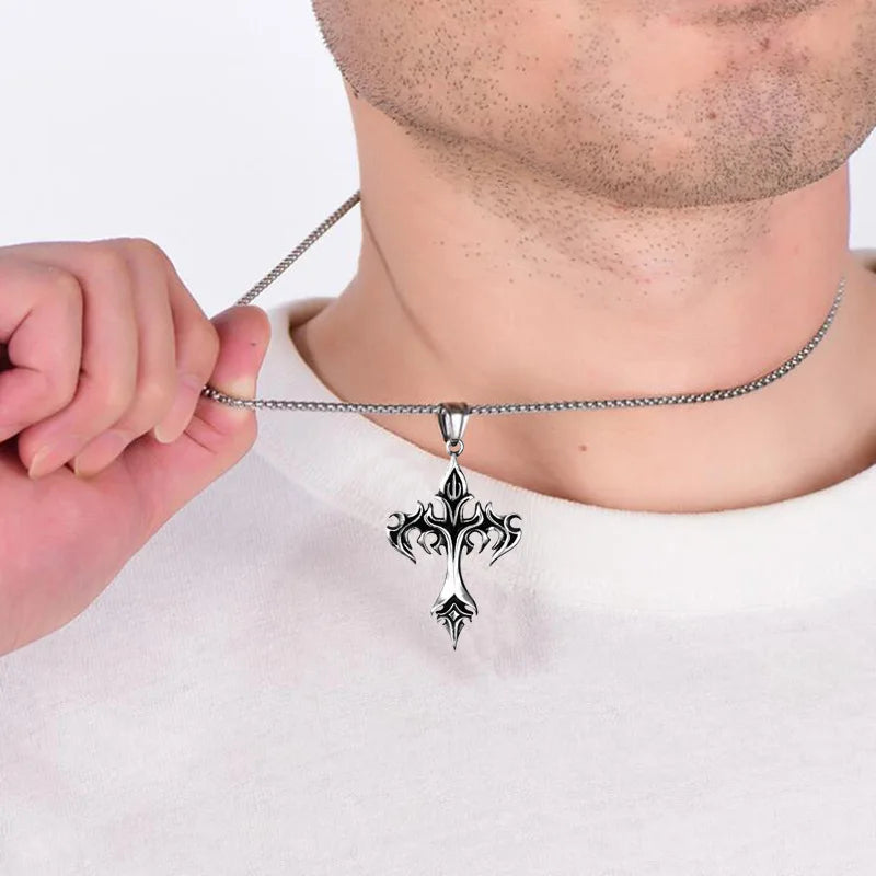 Vintage Flame Cross Pendant Necklace