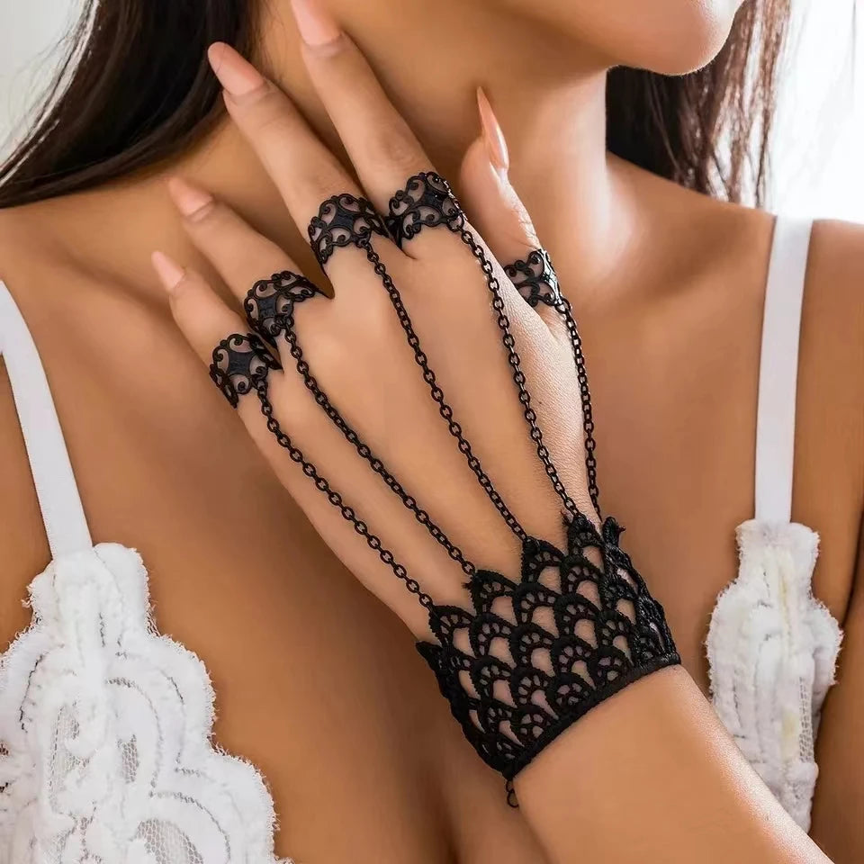 Gothic Vintage Black Lace Finger Wrist Chain