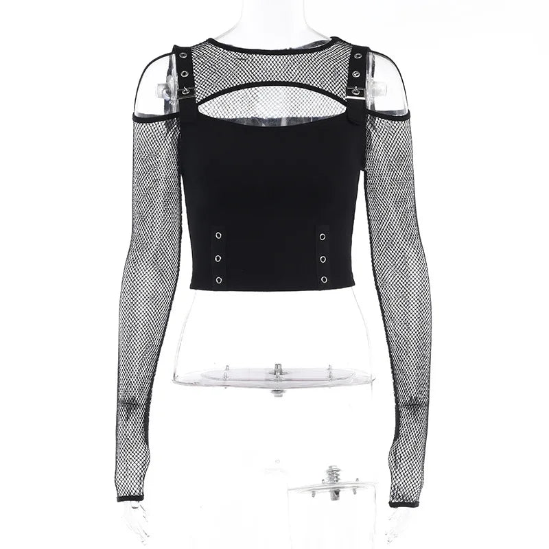 Neo Gothic Punk Fishnet Splice Crop Top