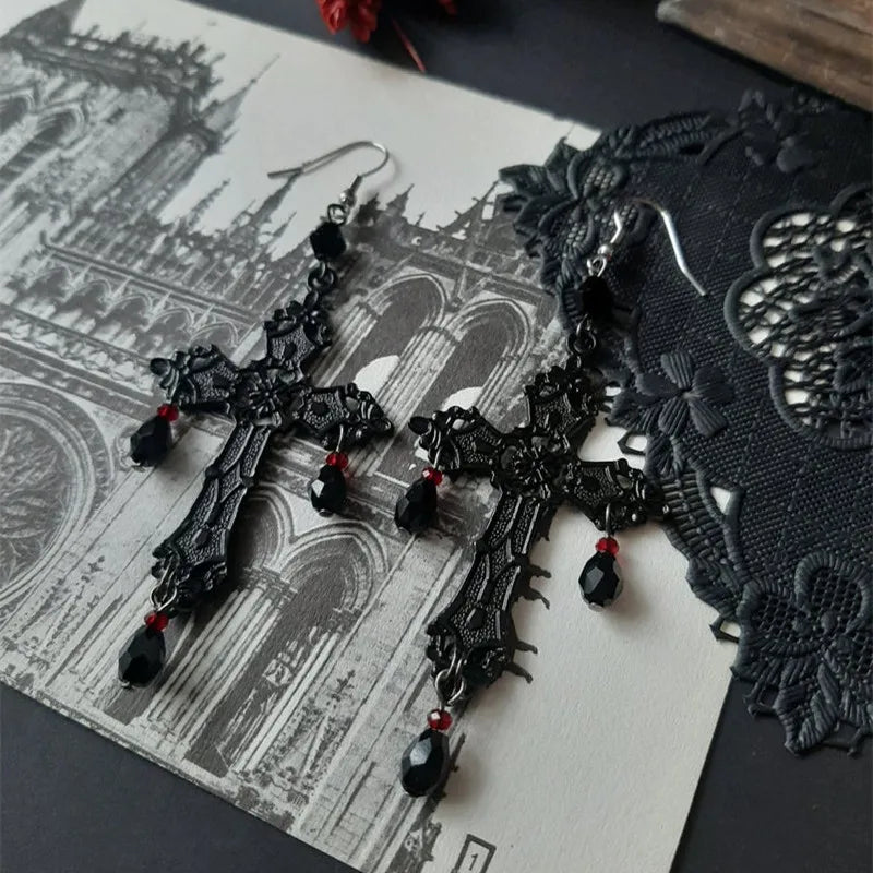 Gothic Witch Black Cross Chandelier Earrings