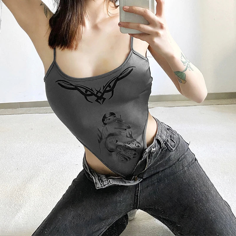 Grey Punk Styled Printed Tank Top