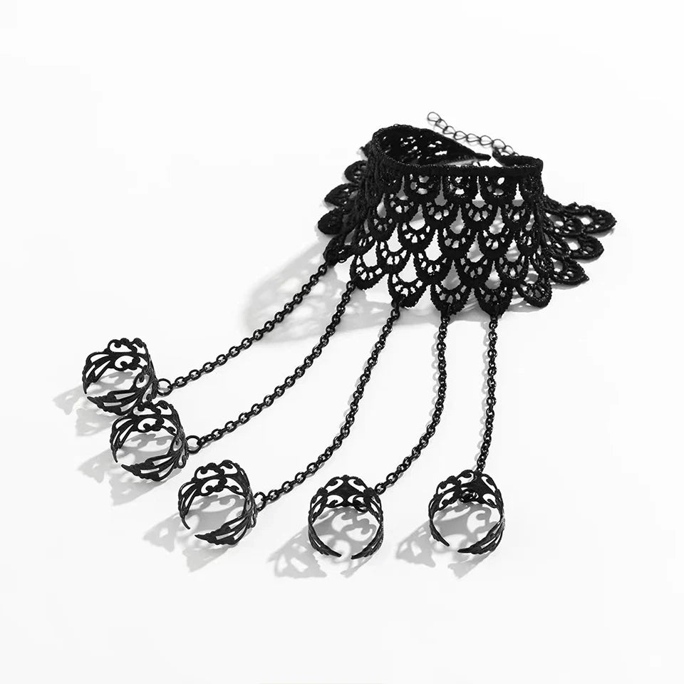 Gothic Vintage Black Lace Finger Wrist Chain