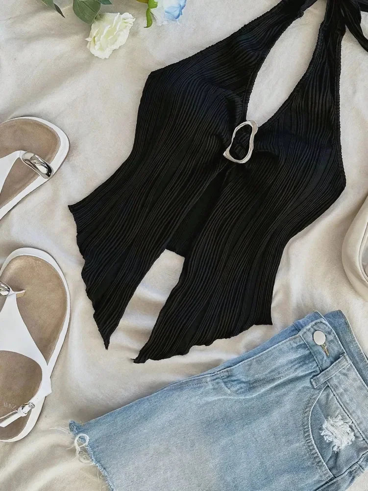 Stylish Goth V-neck Halter Neck Crop Top