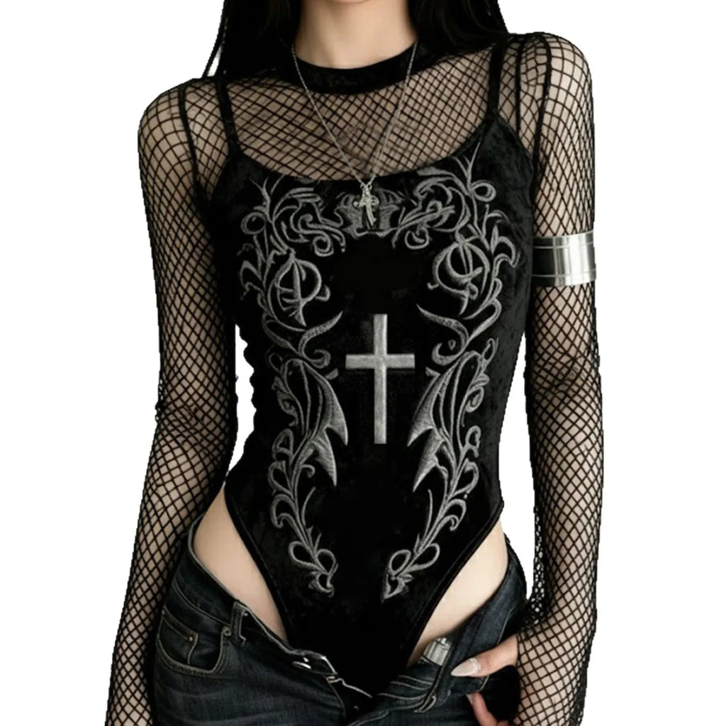 Gothic Neo-Gothic Punk Vintage Long Sleeve Mesh Lace Top Bodysuit Y2K Emo