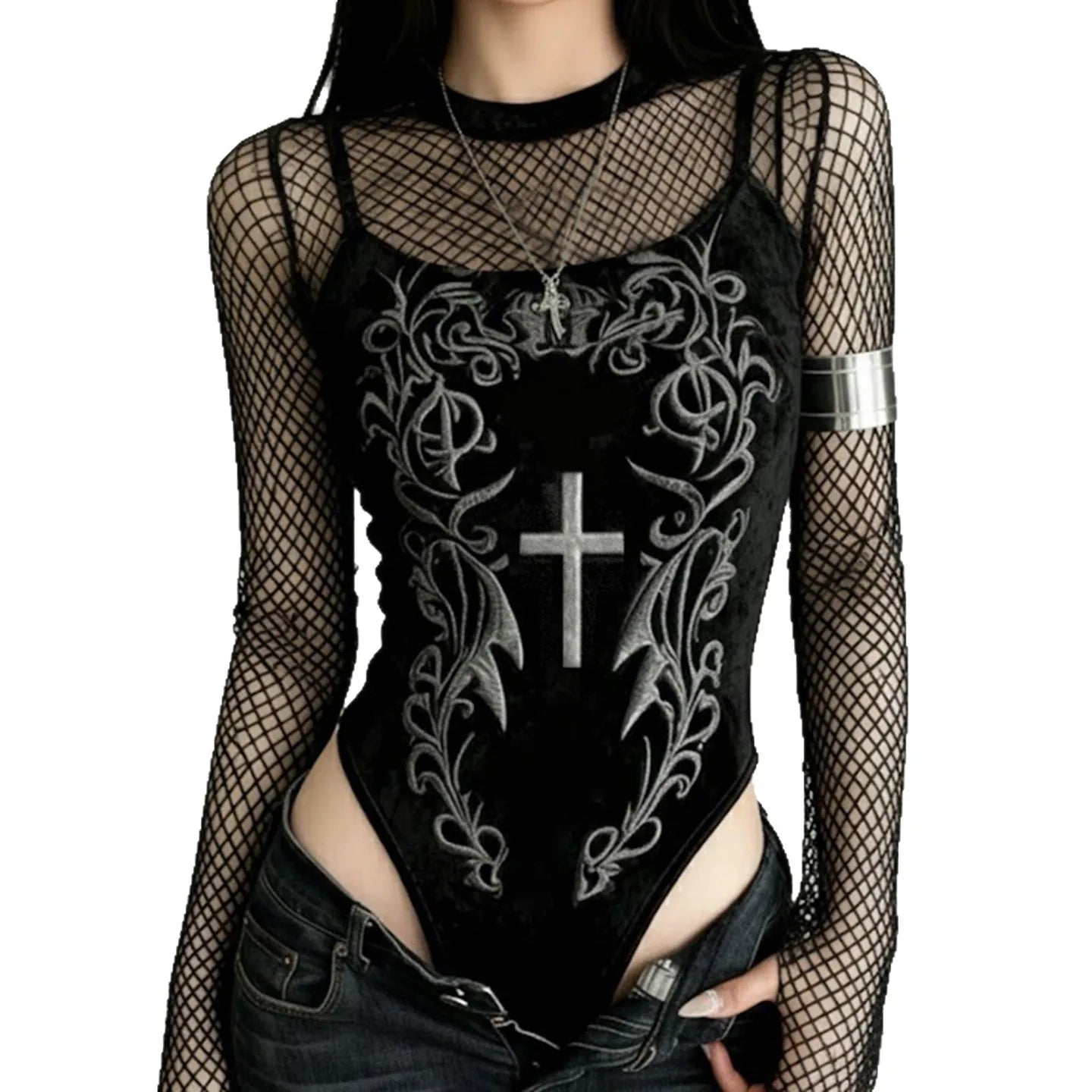 Gothic Neo-Gothic Punk Vintage Long Sleeve Mesh Lace Top Bodysuit Y2K Emo
