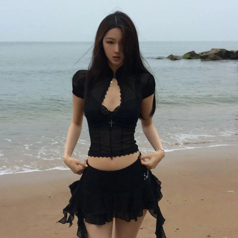 Y2K Hollow Gothic Lace Two Piece Set