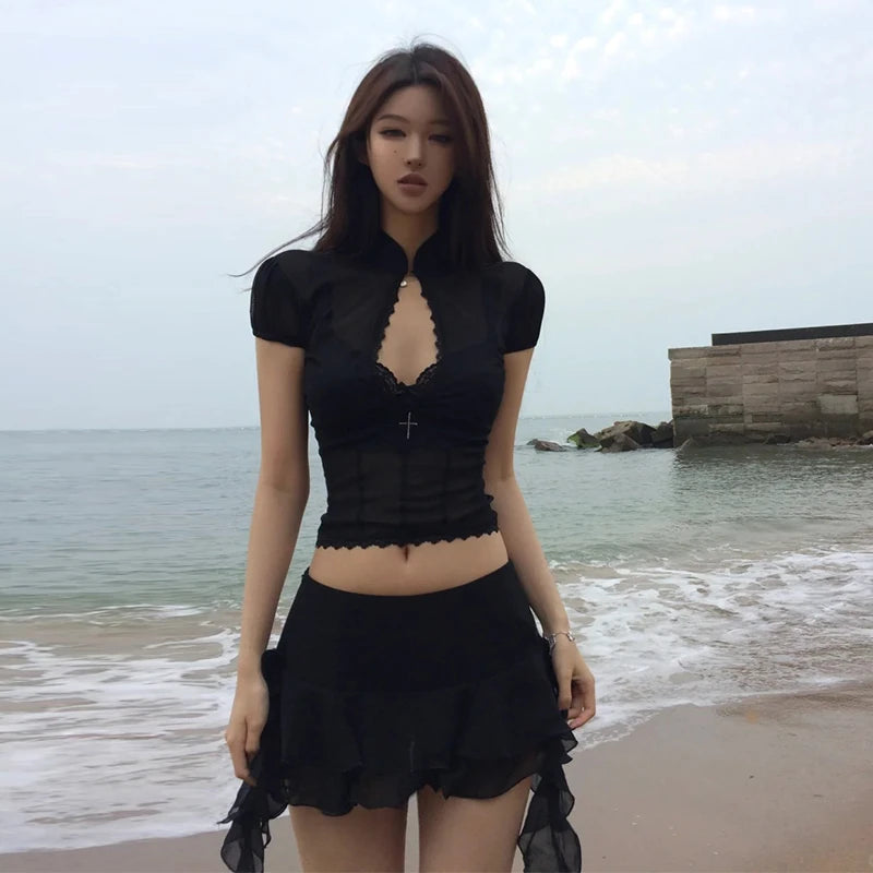 Y2K Hollow Gothic Lace Two Piece Set