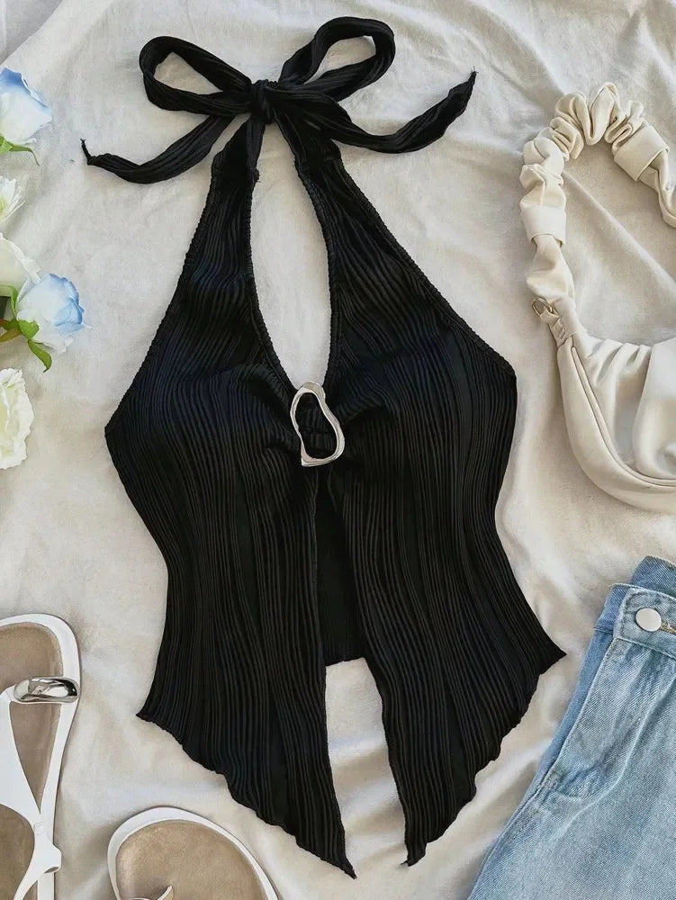 Stylish Goth V-neck Halter Neck Crop Top