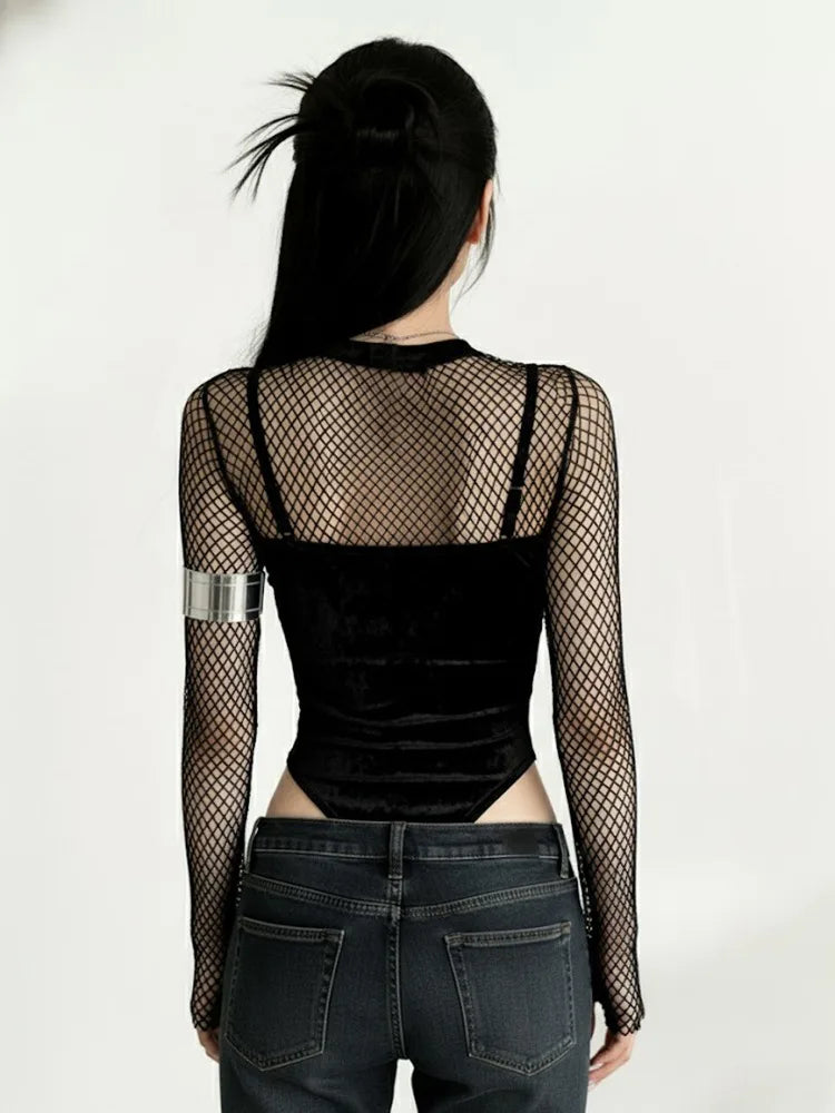 Gothic Neo-Gothic Punk Vintage Long Sleeve Mesh Lace Top Bodysuit Y2K Emo