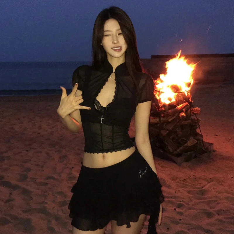 Y2K Hollow Gothic Lace Two Piece Set