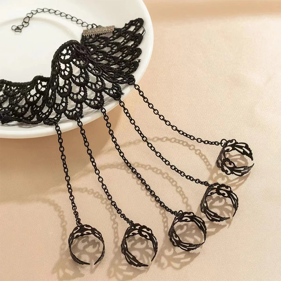Gothic Vintage Black Lace Finger Wrist Chain