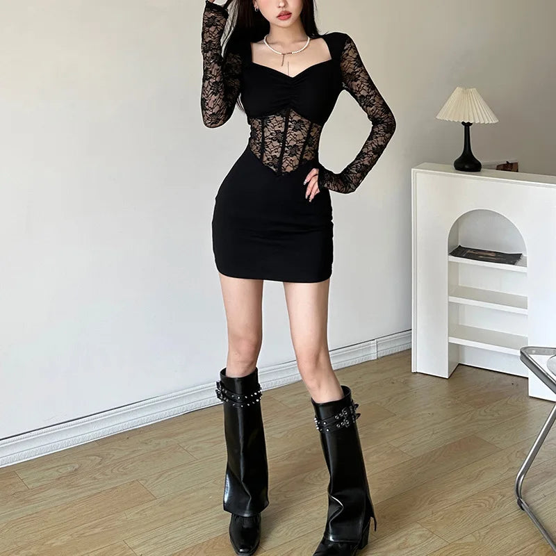 Mysterious Lace Long Sleeve Short Dress