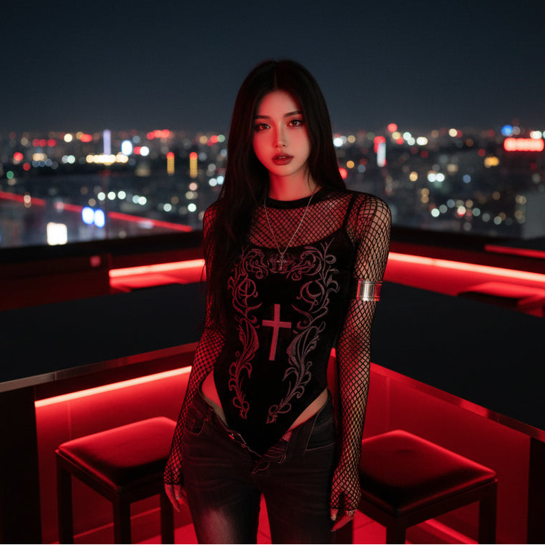 Gothic Neo-Gothic Punk Vintage Long Sleeve Mesh Lace Top Bodysuit Y2K Emo