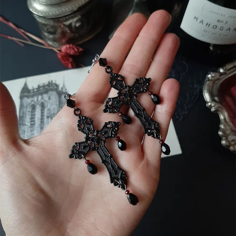 Gothic Witch Black Cross Chandelier Earrings