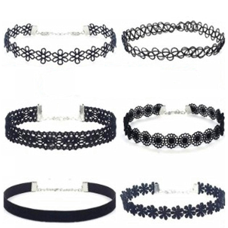 6Pcs Gothic Black Lace Choker Necklace Set
