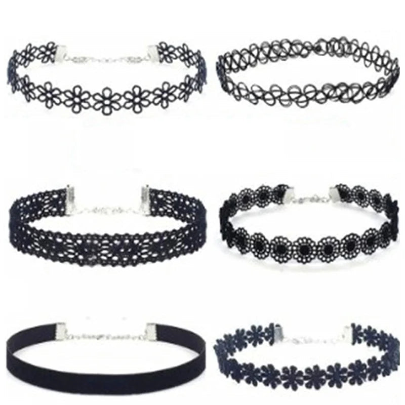 6Pcs Gothic Black Lace Choker Necklace Set