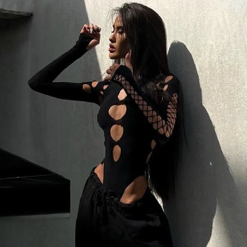 Gothic Punk Dot Hollow Out Bodysuit
