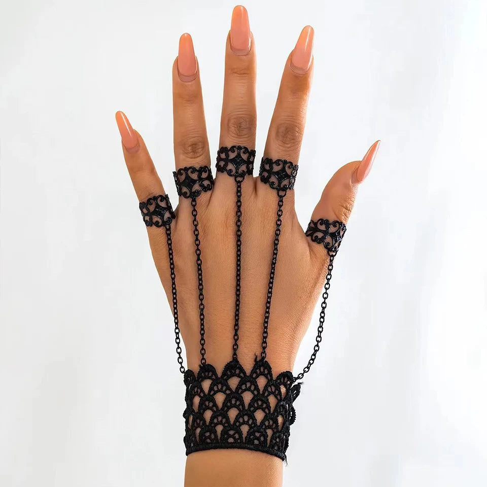Gothic Vintage Black Lace Finger Wrist Chain