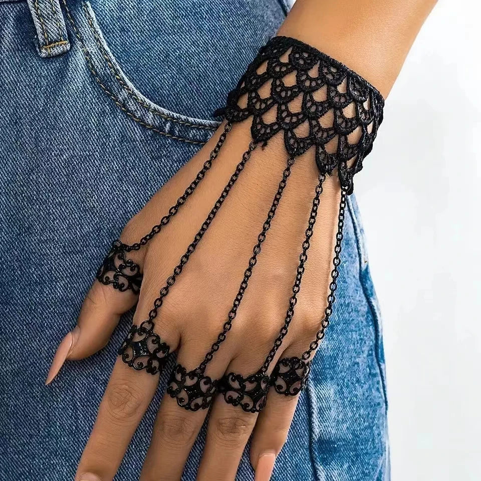 Gothic Vintage Black Lace Finger Wrist Chain
