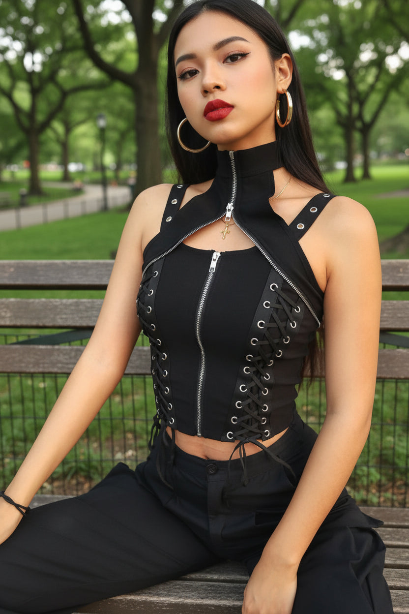 Y2K Inspired Dark Gothic Pirate Zipper Tank Top