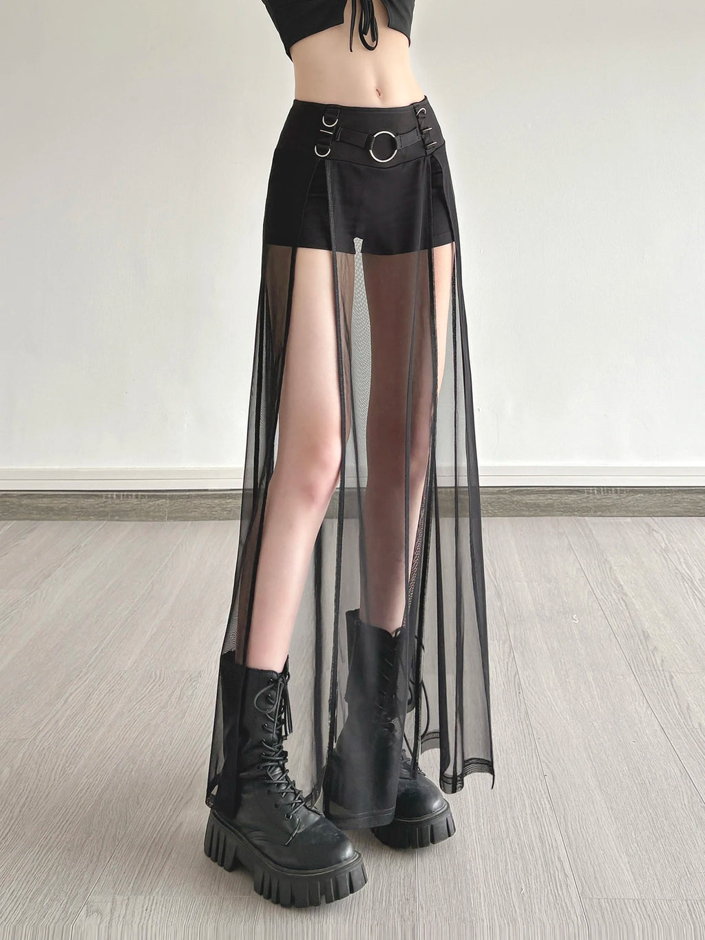 Gothic See Through Maxi Skirt with Low Waisted Shorts