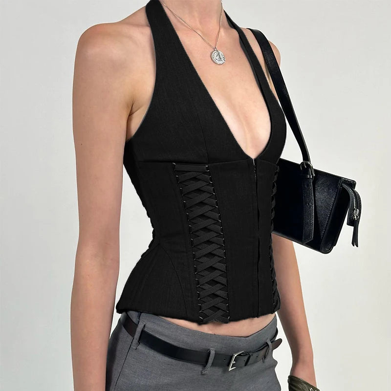 Steampunk Gothic Mesh Corset Vest Party Crop Top Backless