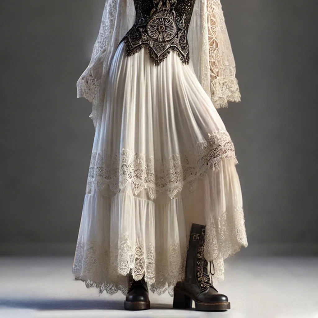 Vintage Goth Gothic Neo-Gothic Steampunk Punk See Through Lace Tank Top Maxi Skirt