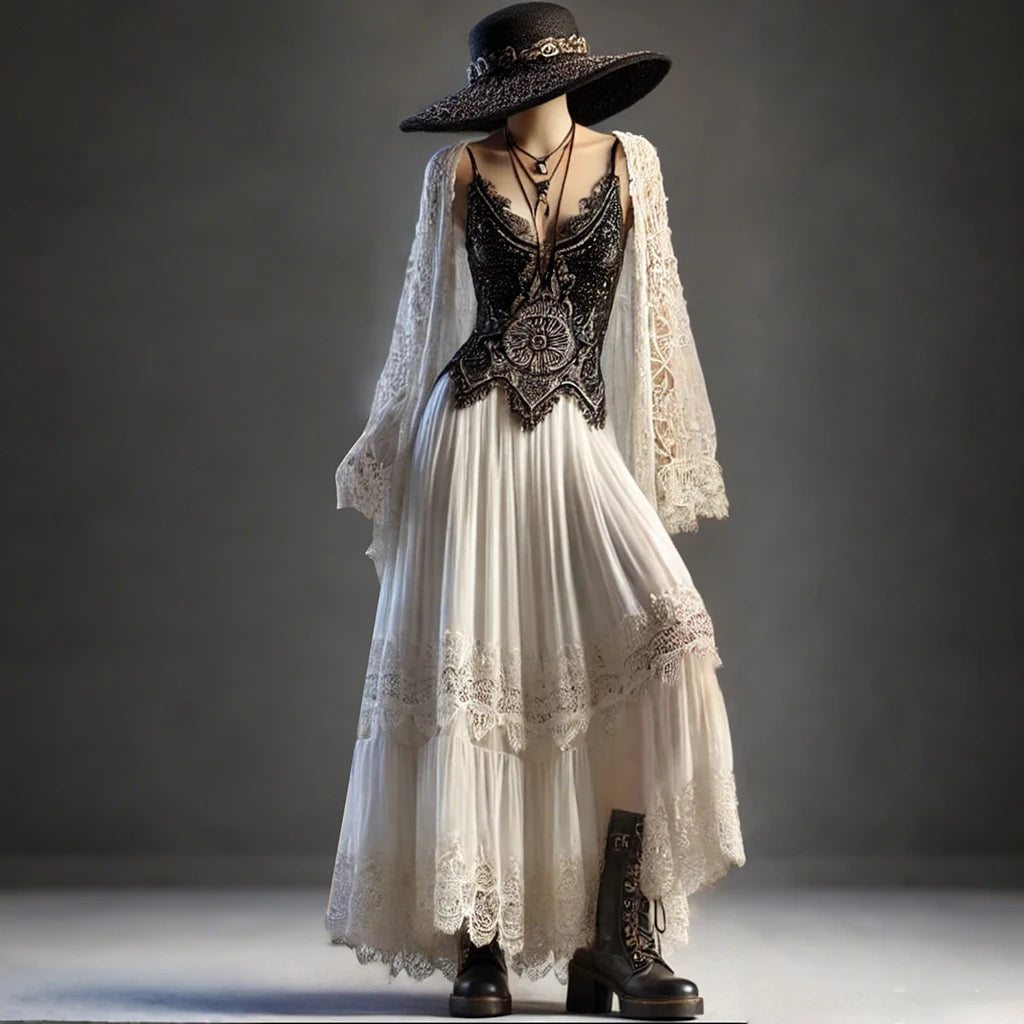 Vintage Goth Gothic Neo-Gothic Steampunk Punk See Through Lace Tank Top Maxi Skirt