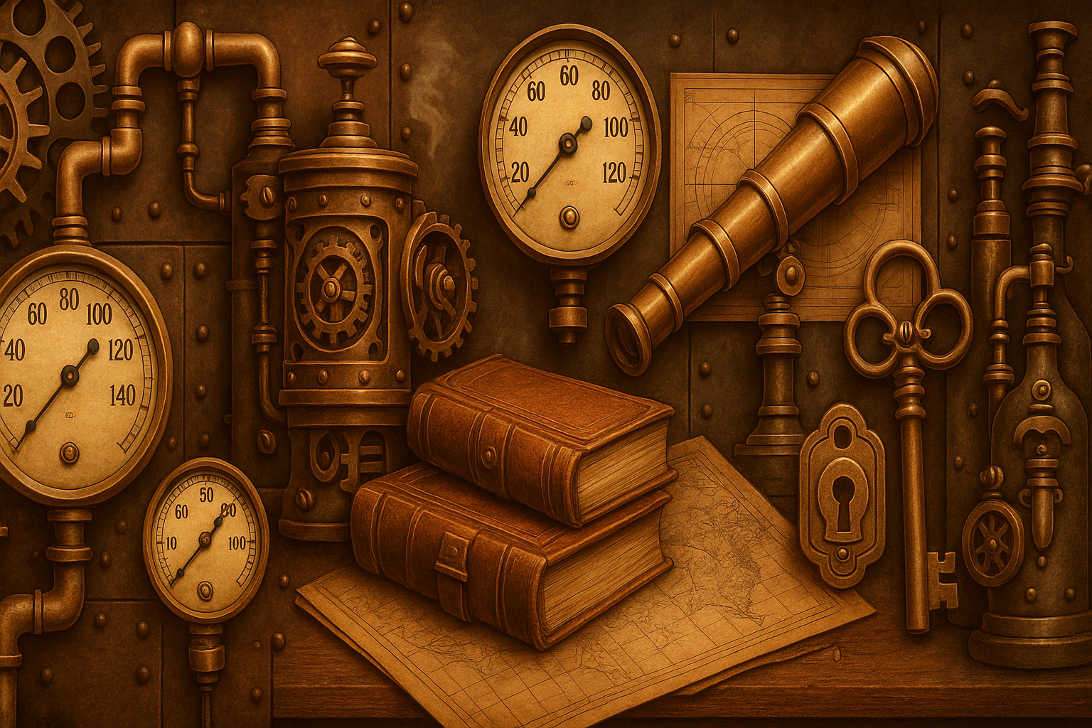 Wide panoramic steampunk header background with brass gears, copper pipes, and Victorian machinery arranged horizontally